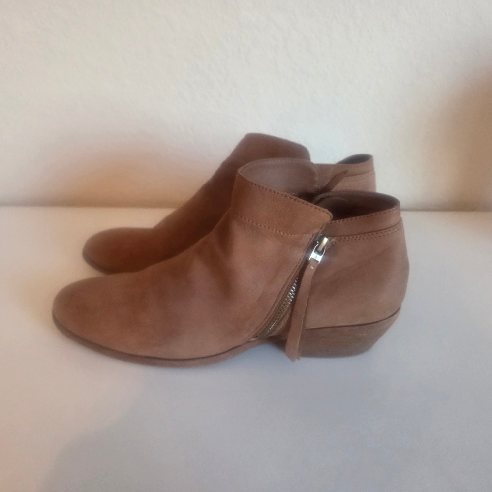 Sam Edelman Petty Tan Leather Ankle Boots Womens 11 Low Block Heel Zip Booties